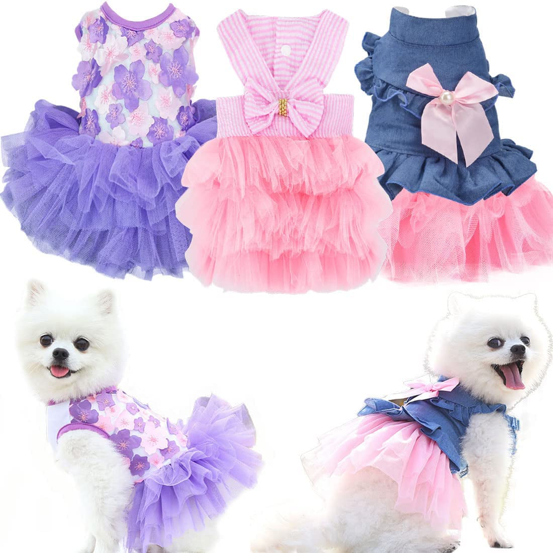 Dog Dresses for Small Dogs Girl 3 Pack Summer Puppy Clothes Outfit Apparel Female Cute Cat Skirt Pup Tutu Pink Yorkie Clothing Breathable Pet Dress for French Bulldog Chihuahua (AA, X-Small)
